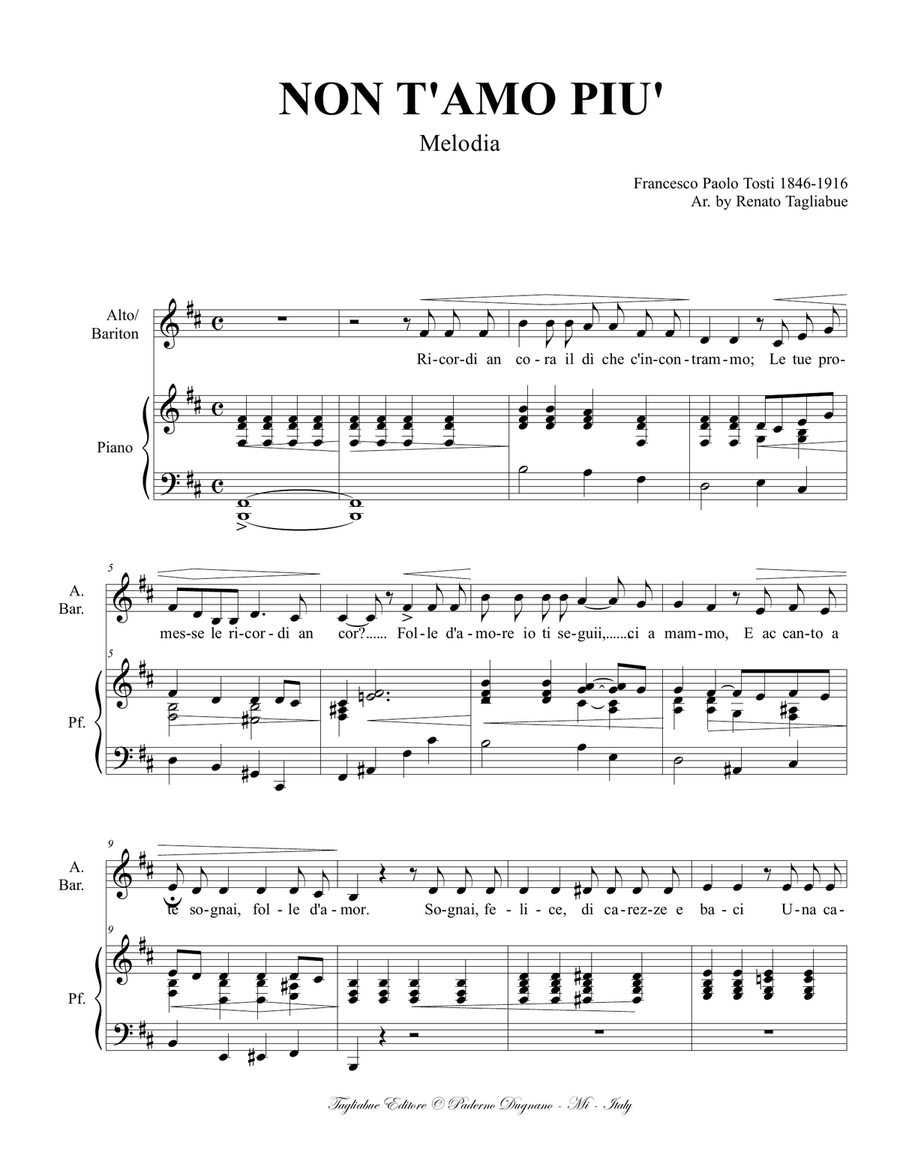 NON T'AMO PIU' - F.P. Tosti - Arr. for Alto or Bariton and Piano Medium Voice scores gallery preview page 2
