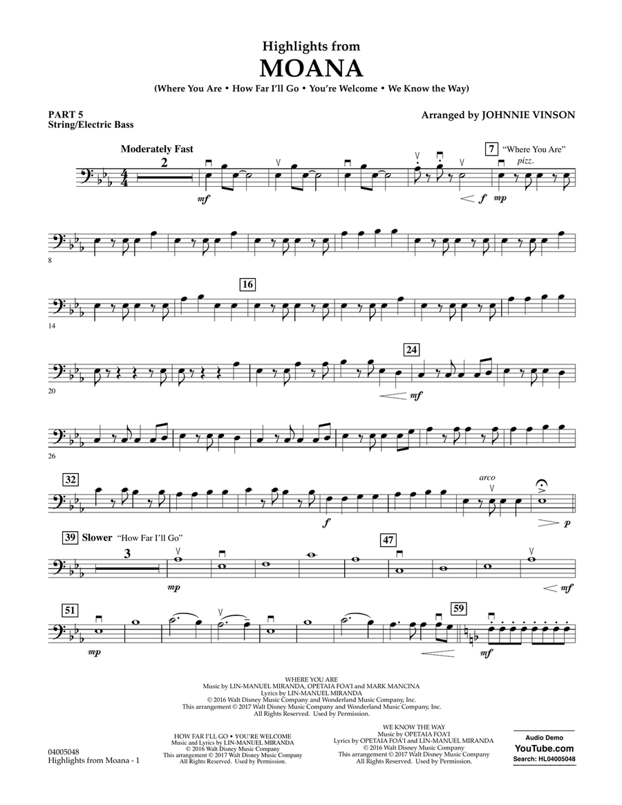 Highlights from Moana - Pt.5 - String/Electric Bass Concert Band scores gallery preview page 1