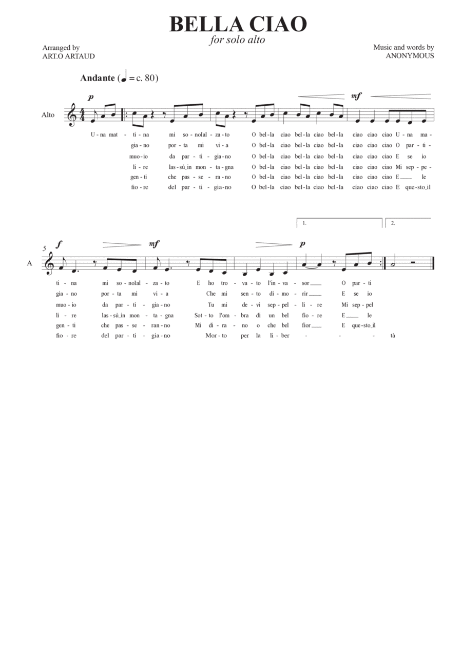 Bella Ciao Bella Ciao Alto Voice scores gallery preview page 1