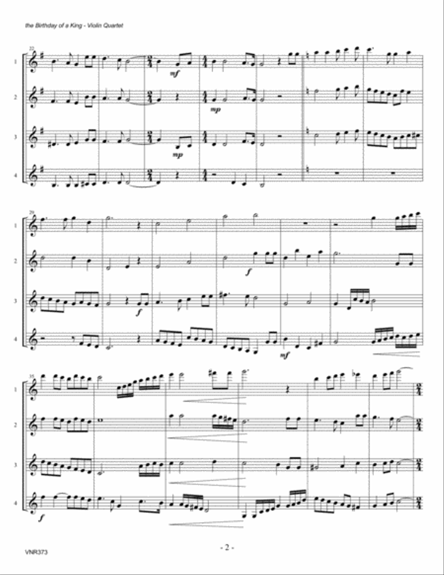 THE BIRTHDAY OF A KING - VIOLIN QUARTET or 3 Violins & Viola (unaccompanied) Viola scores gallery preview page 2