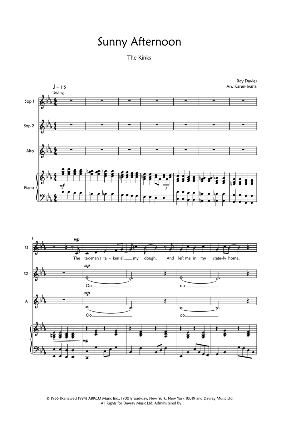 Sunny Afternoon SSA scores gallery preview page 1