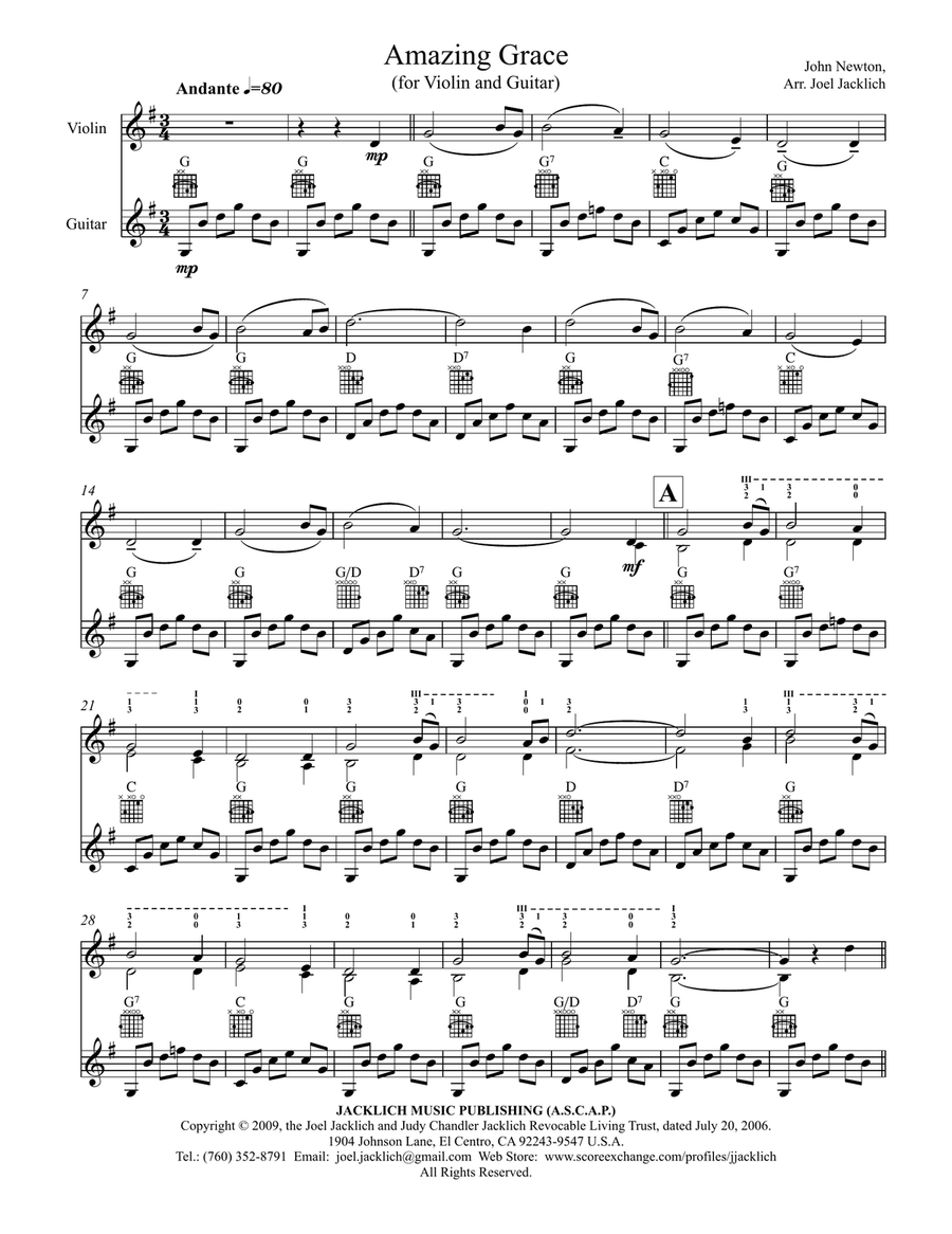 Amazing Grace for Violin and Guitar String Duet scores gallery preview page 1