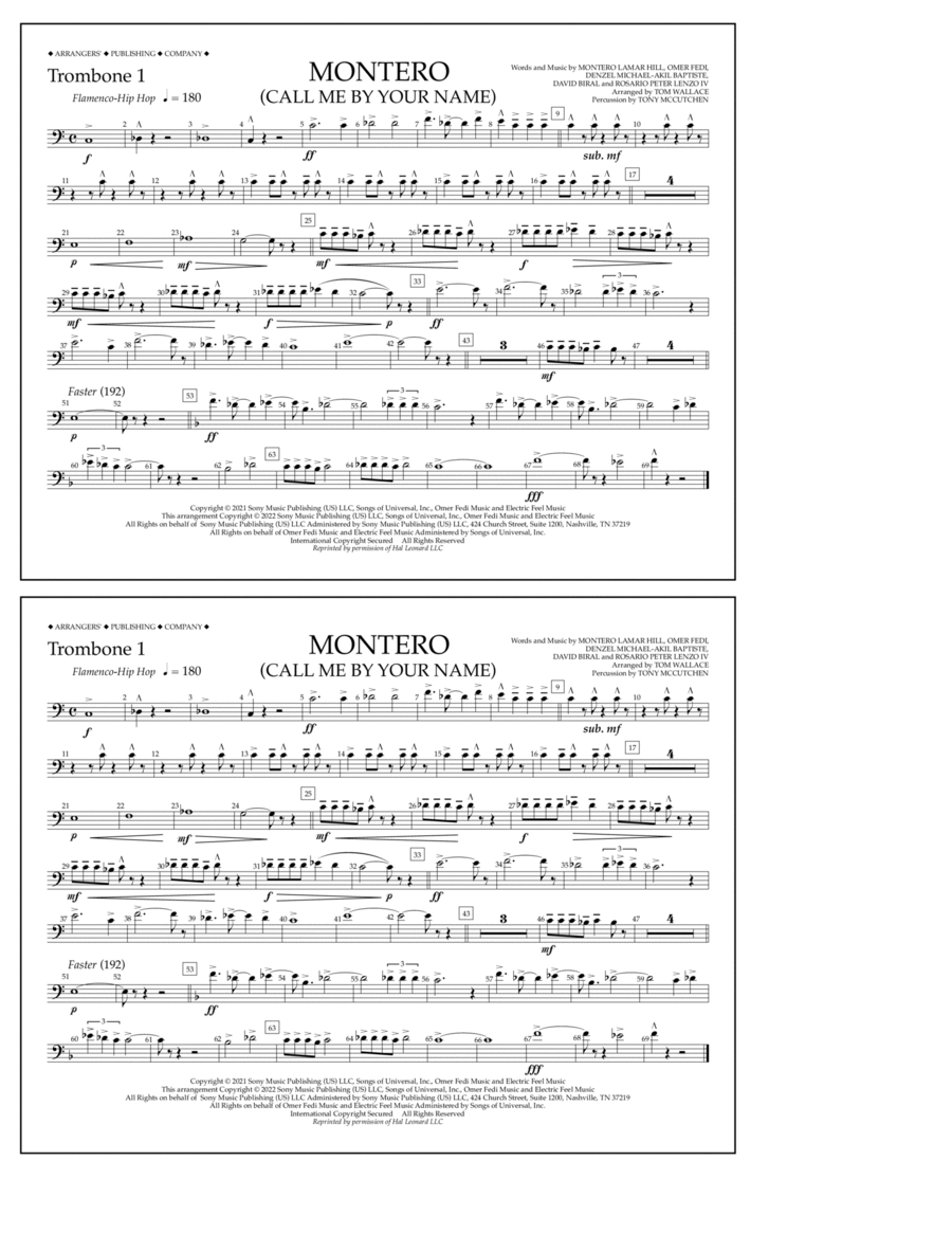 Montero (Call Me By Your Name) (arr. Tom Wallace) - Trombone 1 Marching Band scores gallery preview page 1
