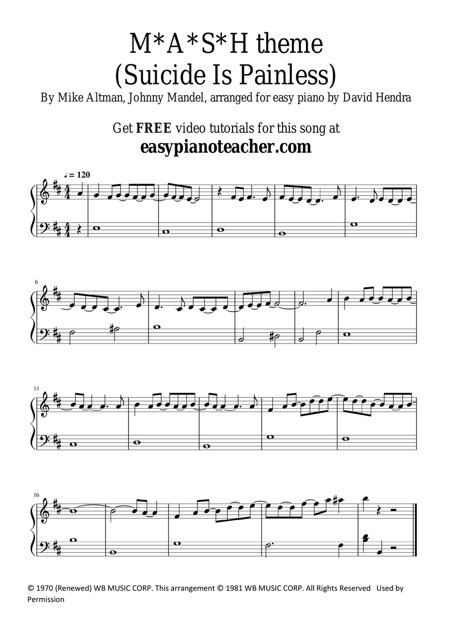 Song From M*a*s*h (suicide Is Painless) Easy Piano scores gallery preview page 1