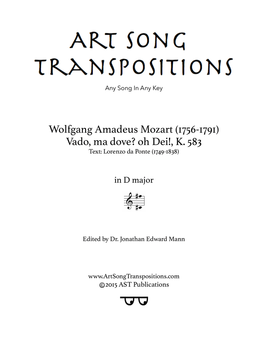 MOZART: Vado, ma dove? oh Dei!, K. 583 (transposed to D major) Piano, Vocal scores gallery preview page 1