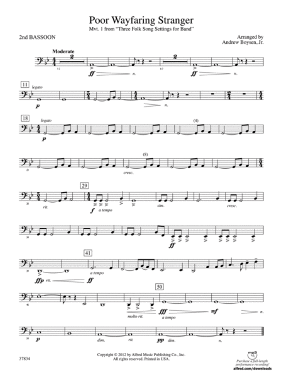 Poor Wayfaring Stranger: 2nd Bassoon Concert Band scores gallery preview page 1