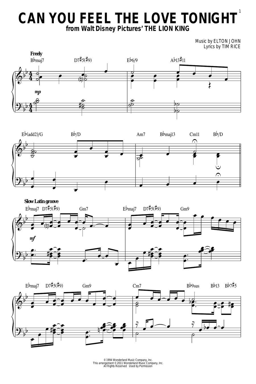 Can You Feel The Love Tonight [Jazz version] (from The Lion King) (arr. Brent Edstrom) Piano Solo scores gallery preview page 1