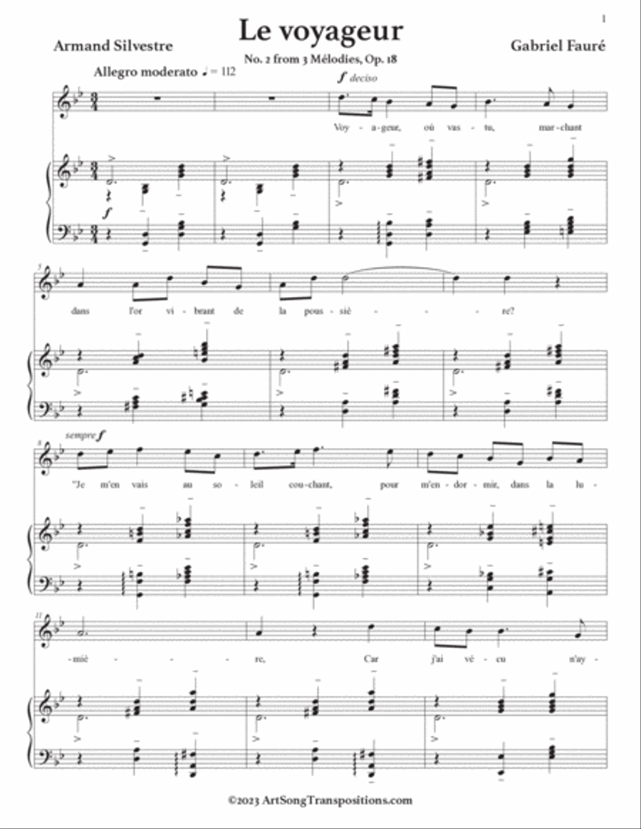 FAURÉ: Le voyageur, Op. 18 no. 2 (transposed to G minor) Voice scores gallery preview page 2