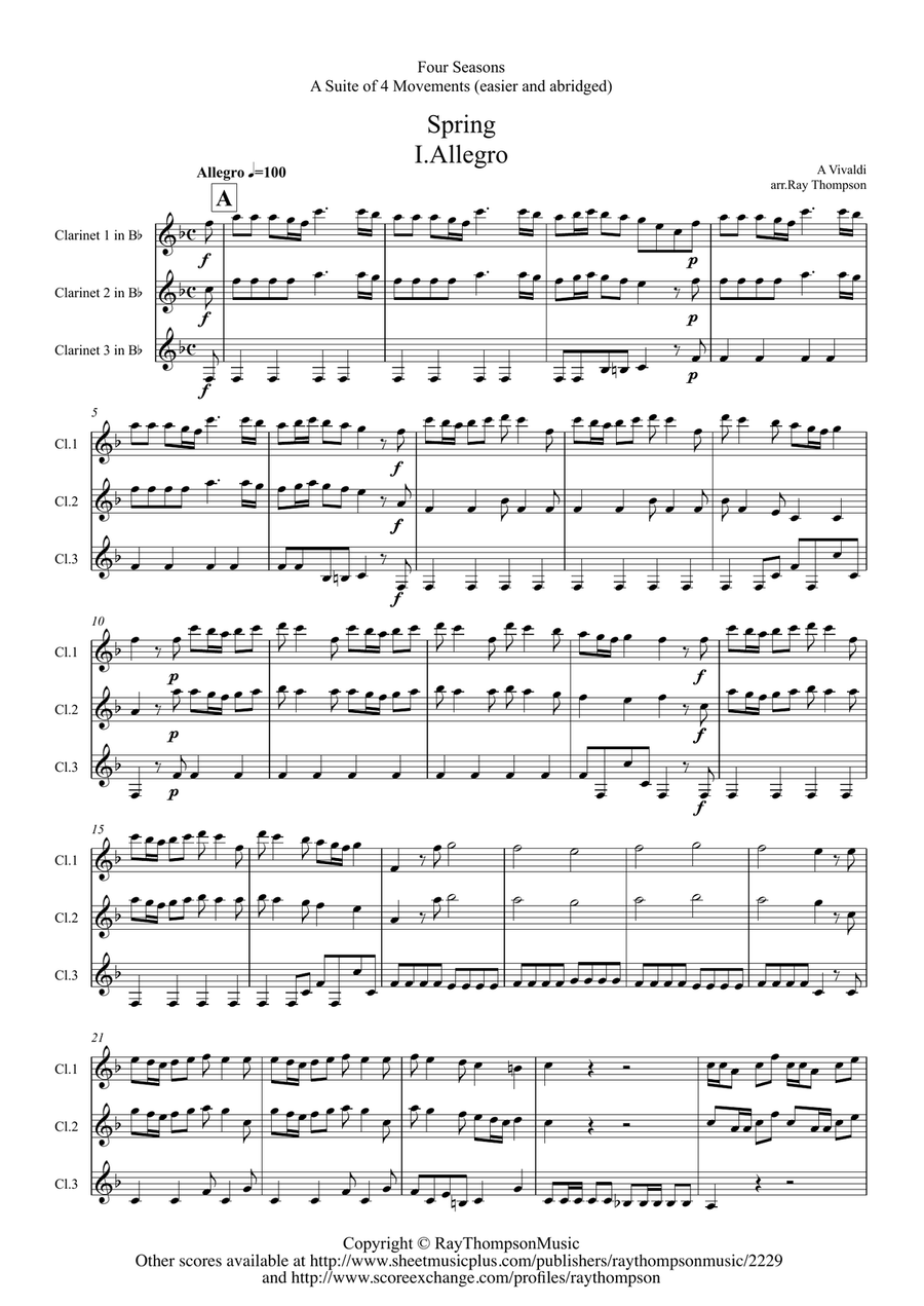 Vivaldi: The Four Seasons (Le quattro stagioni): A Suite of 4 Movements (easier and abridged) Clarinet Trio scores gallery preview page 1