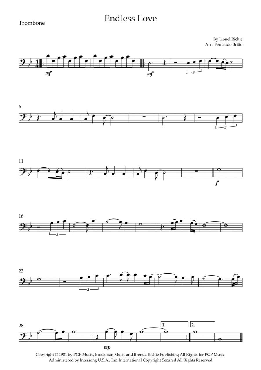 Endless Love Trombone Solo scores gallery preview page 1