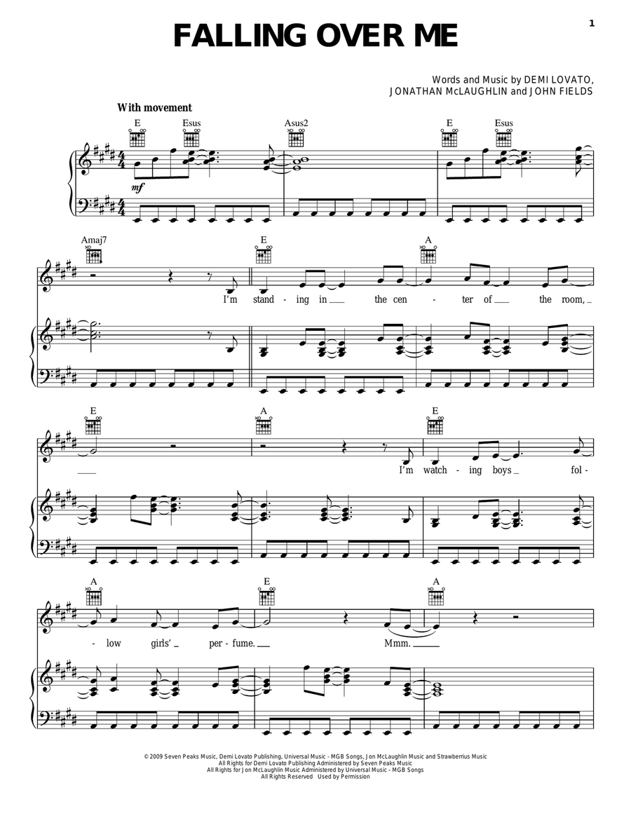 Falling Over Me Piano, Vocal, Guitar scores gallery preview page 1