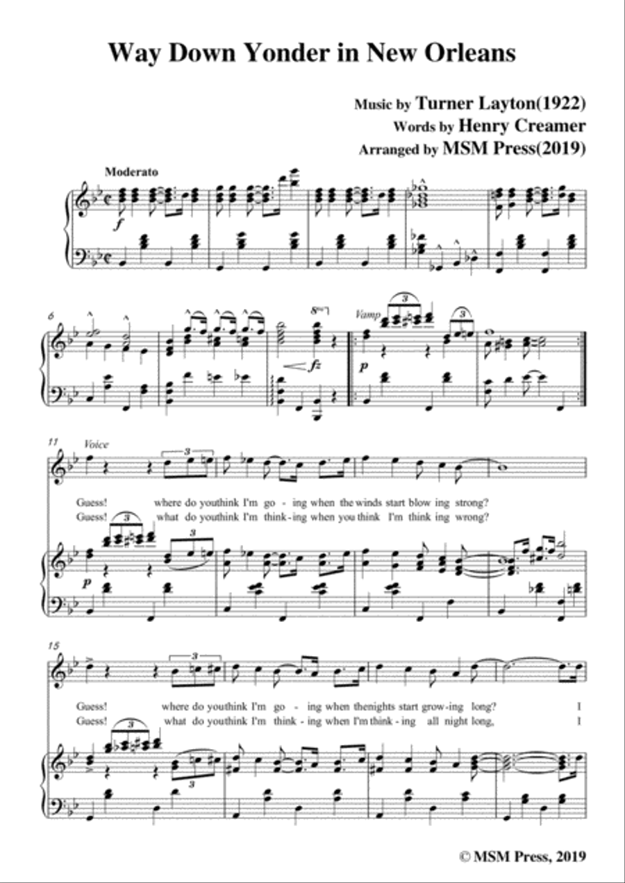 Turner Layton-Way Down Yonder in New Orleans,in B flat Major,for Voice&Pno