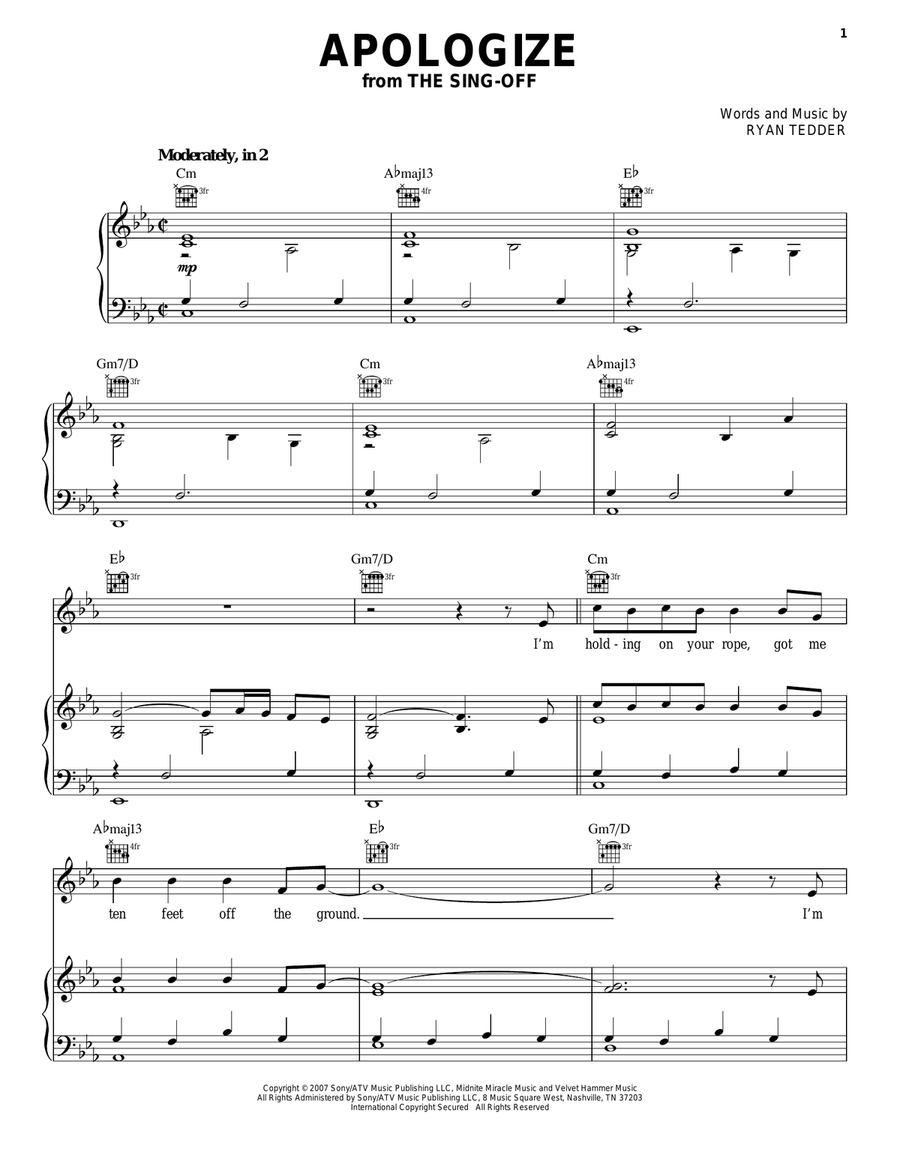 Apologize Piano, Vocal, Guitar scores gallery preview page 1