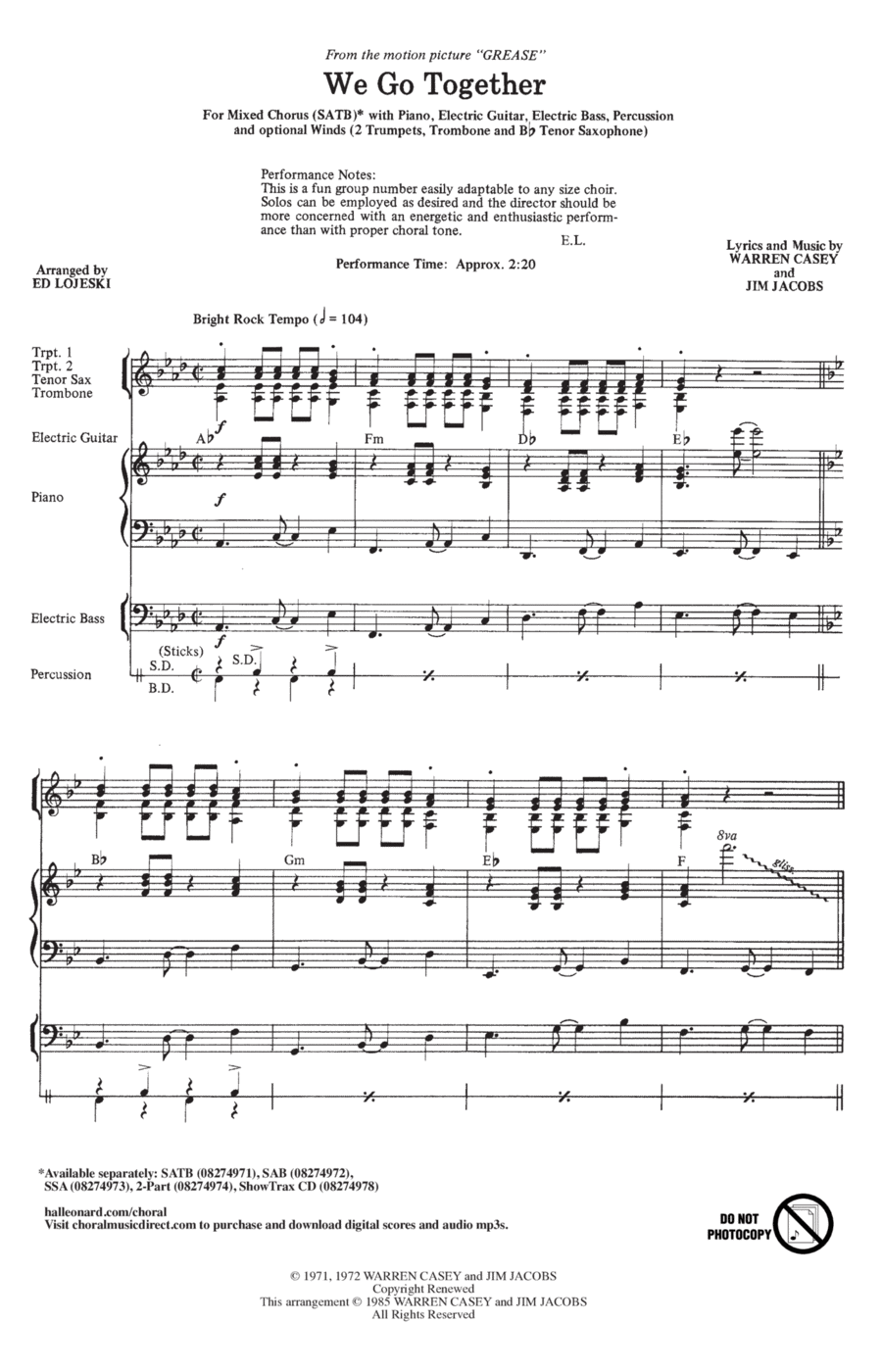 We Go Together (from Grease) (arr. Ed Lojeski) 4-Part scores gallery preview page 1