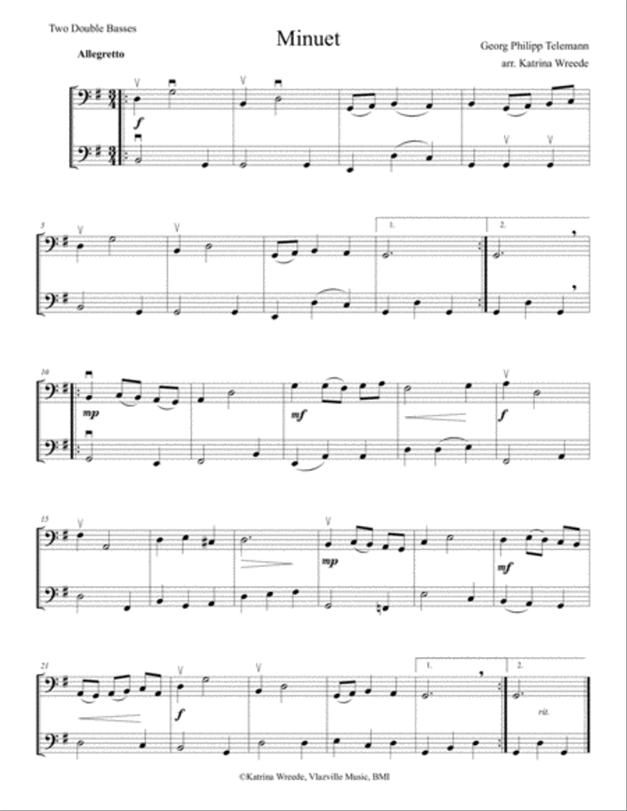 Minuet for Two Double Bass by Telemann String Duet scores gallery preview page 1