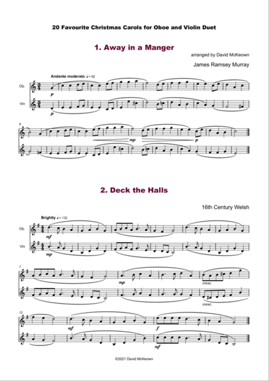 20 Favourite Christmas Carols for Oboe and Violin Duet Oboe scores gallery preview page 3