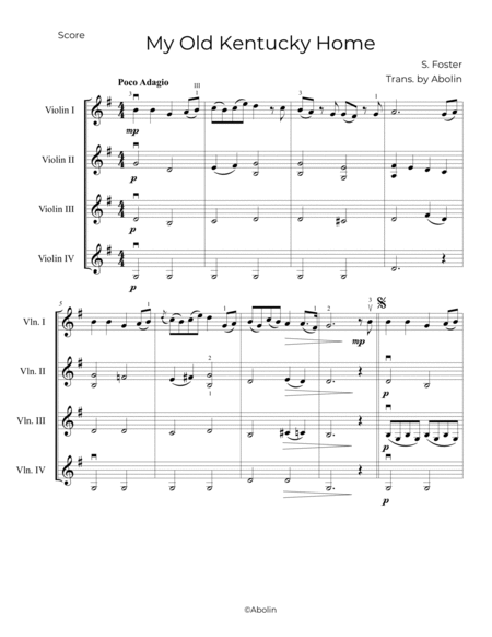 Foster: My Old Kentucky Home - arr. for Violin Quartet image number null