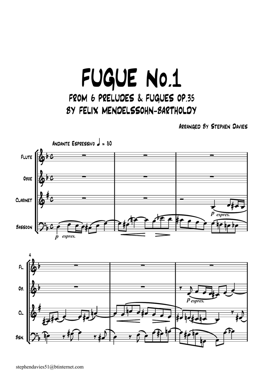 'Fugue No.1 From 6 Preludes & Fugues Op.35' by Felix Mendelssohn-Bartholdy for Woodwind Quartet.