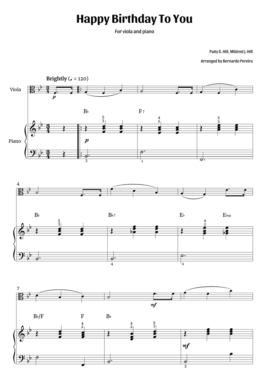 Happy Birthday To You (viola and piano) Piano scores gallery preview page 1