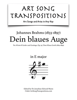 Book cover for BRAHMS: Dein blaues Auge, Op. 59 no. 8 (transposed to E major)