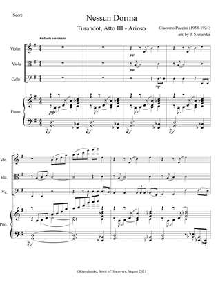 Book cover for Giacomo Puccini - Nessun Dorma (Turandot) for piano quartet (score and parts)