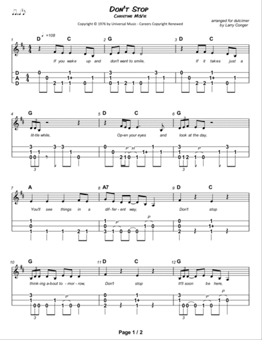 Don't Stop Don't Stop Dulcimer scores gallery preview page 2