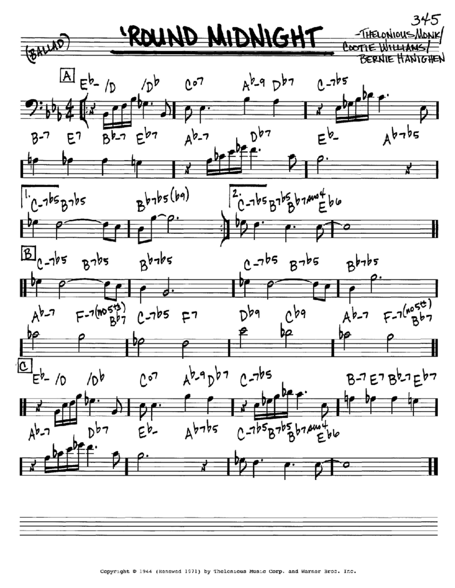 'Round Midnight Bass Clef Instrument scores gallery preview page 1