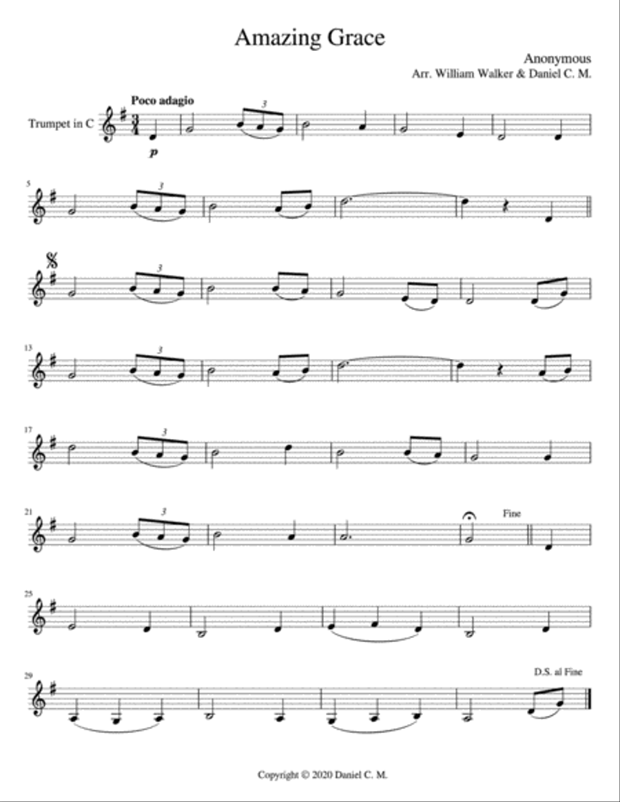 Amazing Grace for C trumpet and piano (easy) Trumpet Duet scores gallery preview page 1