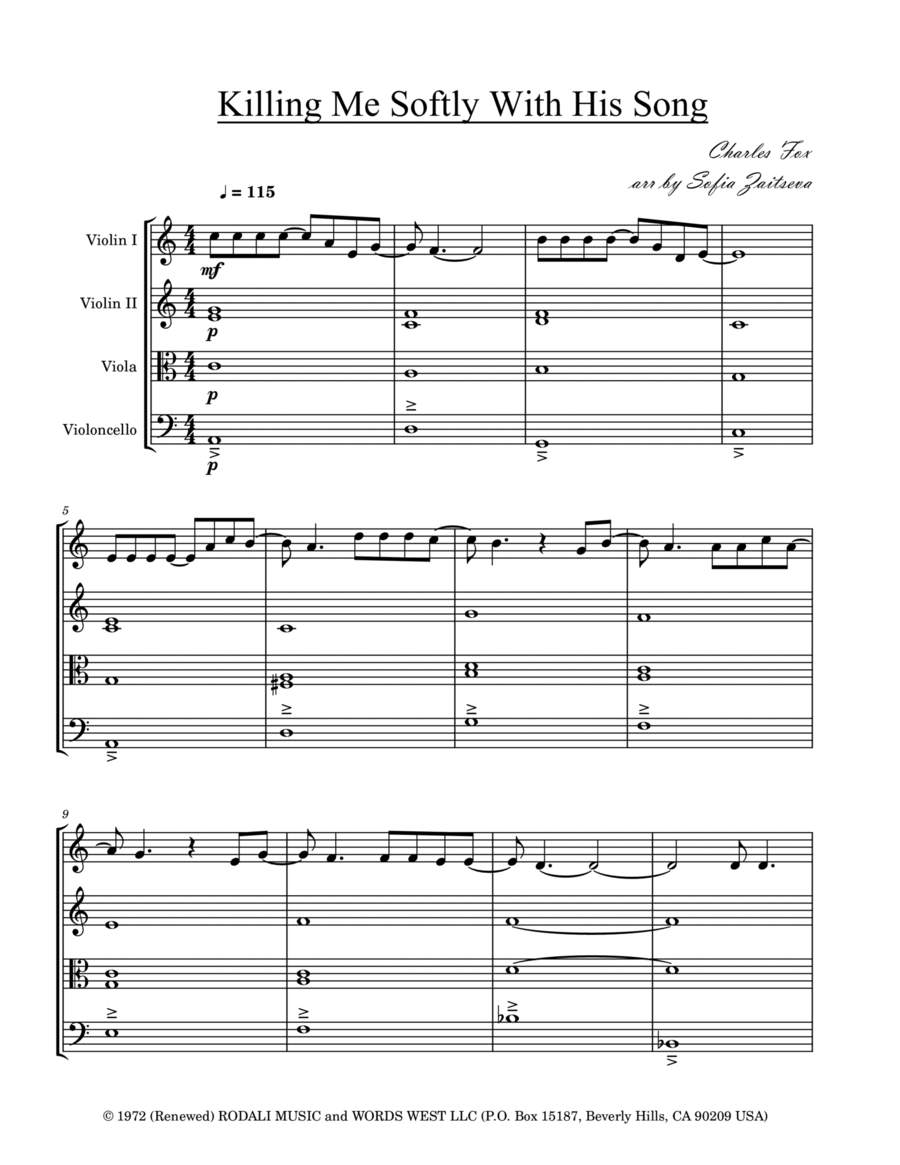 Killing Me Softly With His Song String Quartet scores gallery preview page 1