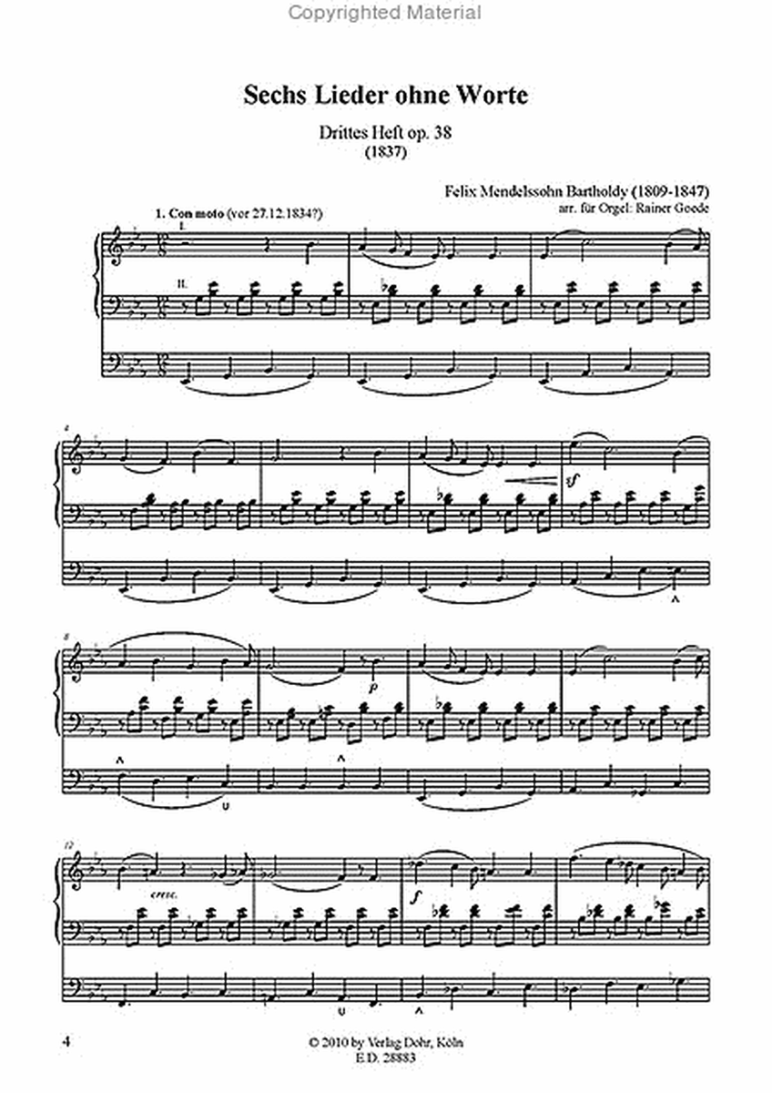 Lieder ohne Worte op. 38 -Drittes Heft- (für Orgel)