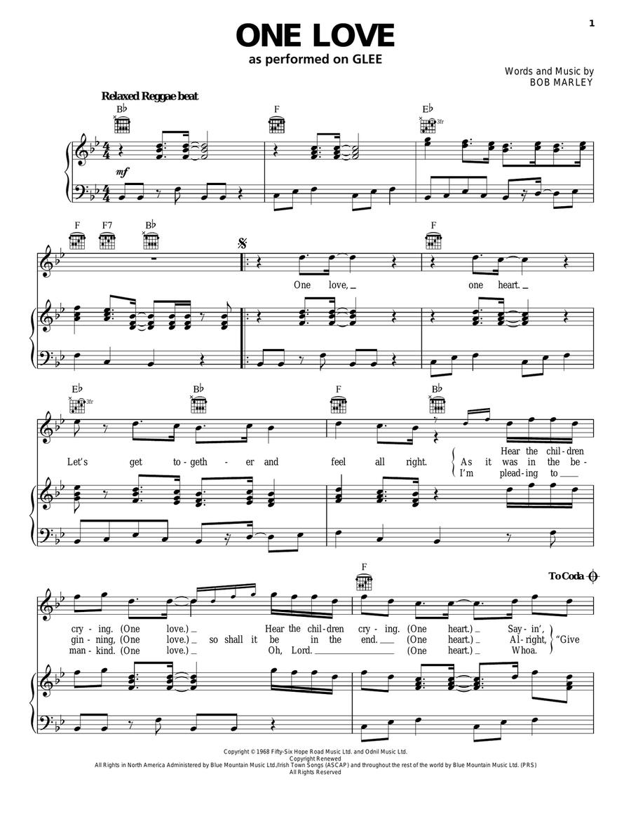One Love Piano, Vocal, Guitar scores gallery preview page 1