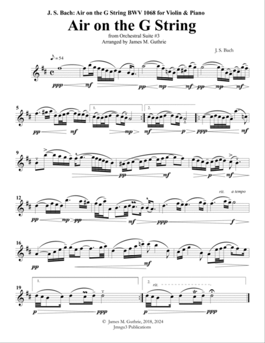 Bach: Air on a G String for Violin & Piano Violin Solo scores gallery preview page 6