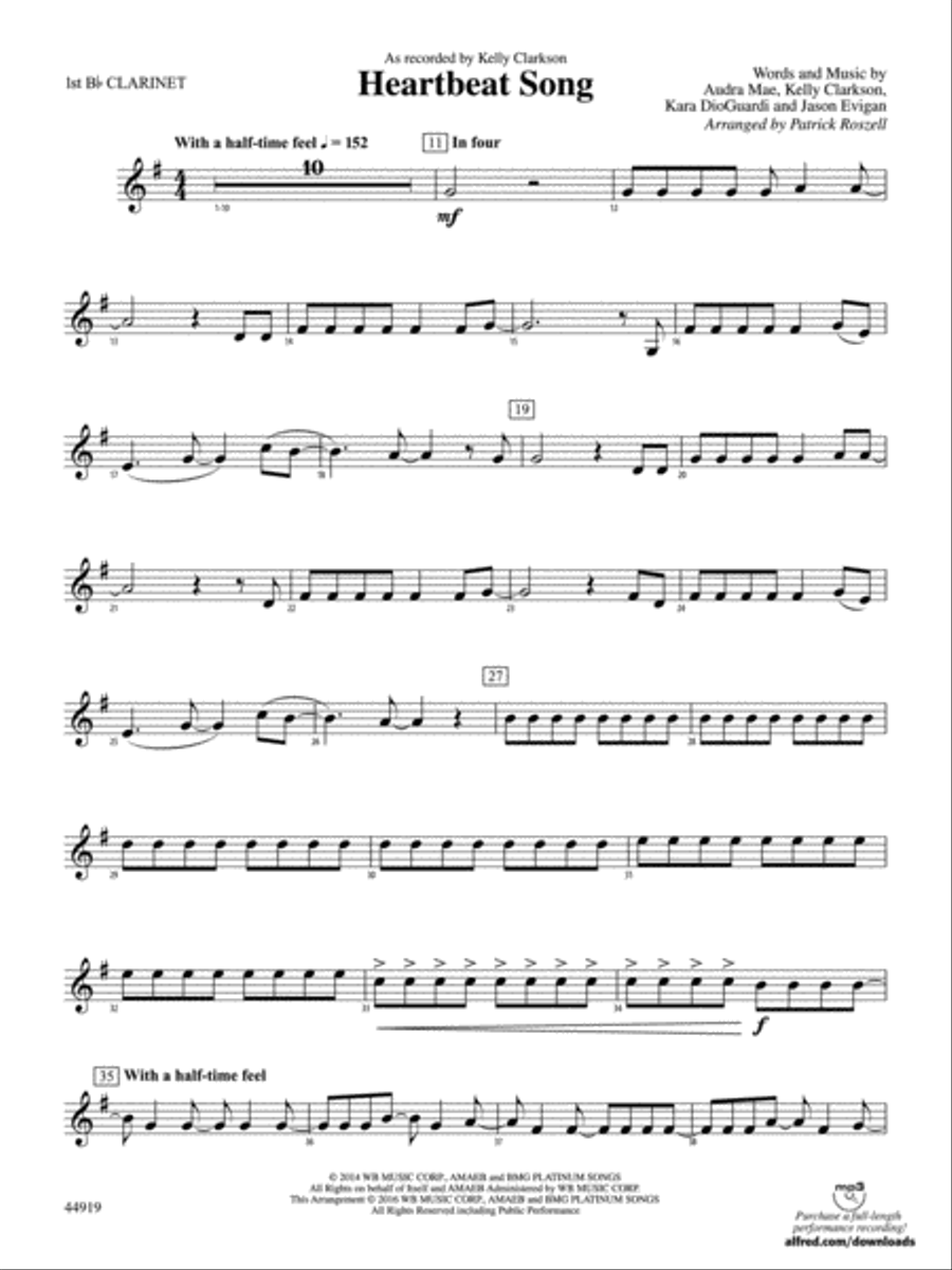 Heartbeat Song: 1st B-flat Clarinet Concert Band scores gallery preview page 1