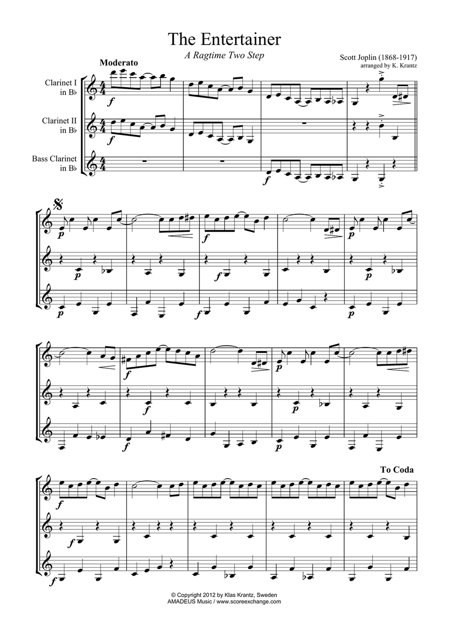 The Entertainer, Ragtime (easy, abridged) for clarinet trio (C Major) Clarinet Trio scores gallery preview page 1