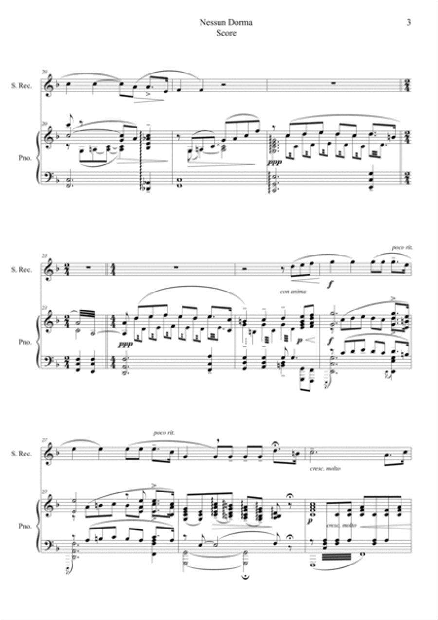 Nessun Dorma (Opera Turandot aria) Soprano Recorder scores gallery preview page 3