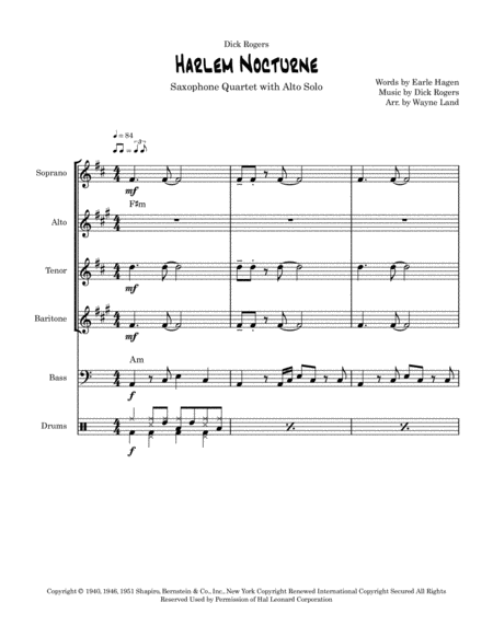 Harlem Nocturne by Earle Hagen Tenor Saxophone - Digital Sheet Music