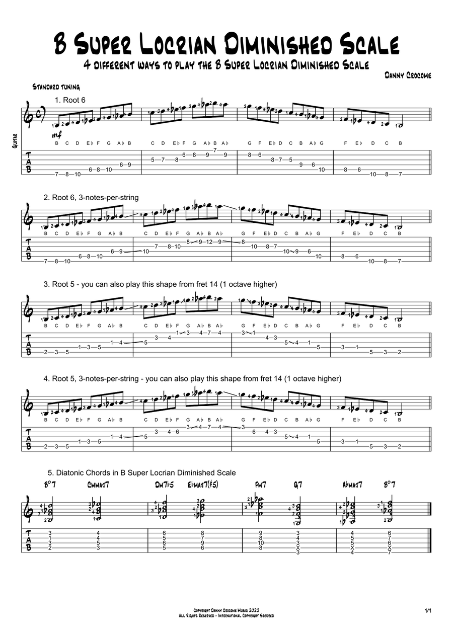B Super Locrian Diminished Scale (4 Ways to Play) Electric Guitar scores gallery preview page 1