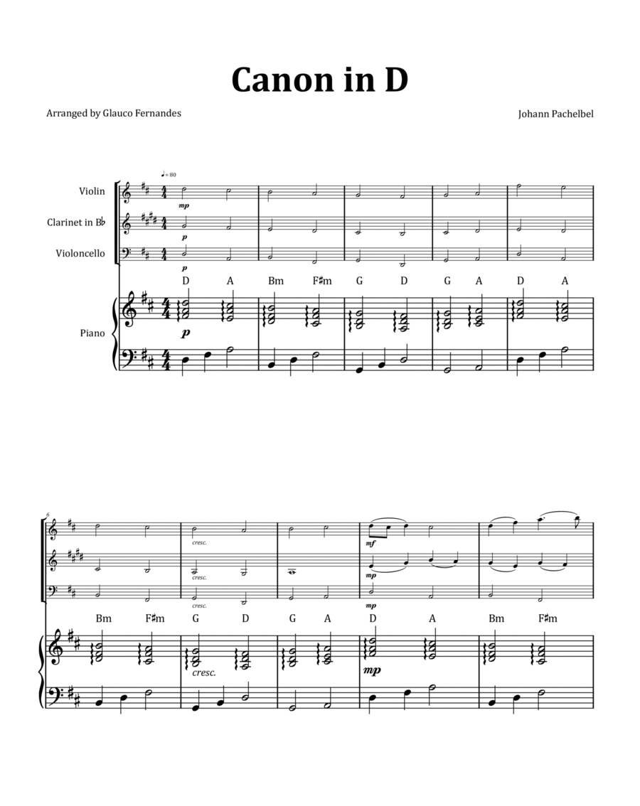 Canon by Pachelbel - Violin, Clarinet, and Cello Trio with Piano and Chord Notation image number null