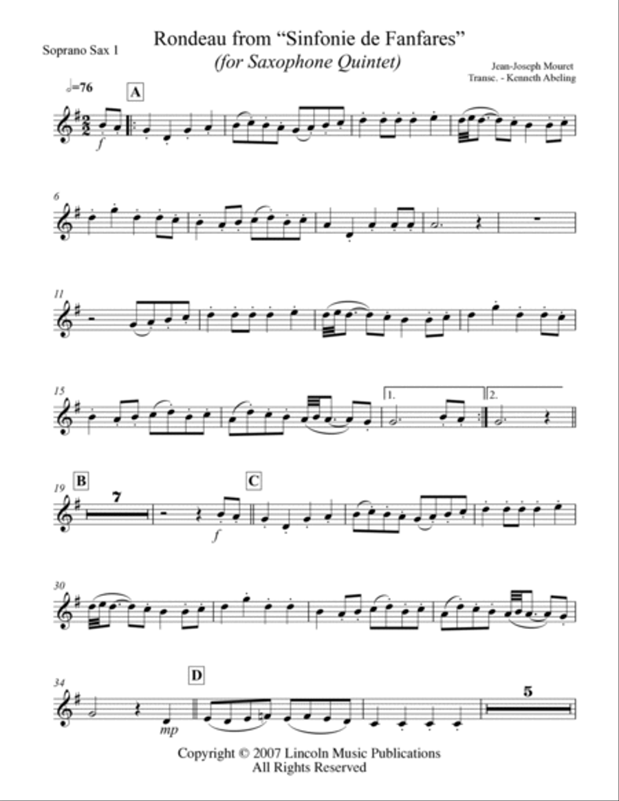 Rondeau from “Sinfonie de Fanfares” (for Saxophone Quintet SATTB) Saxophone Quintet scores gallery preview page 6