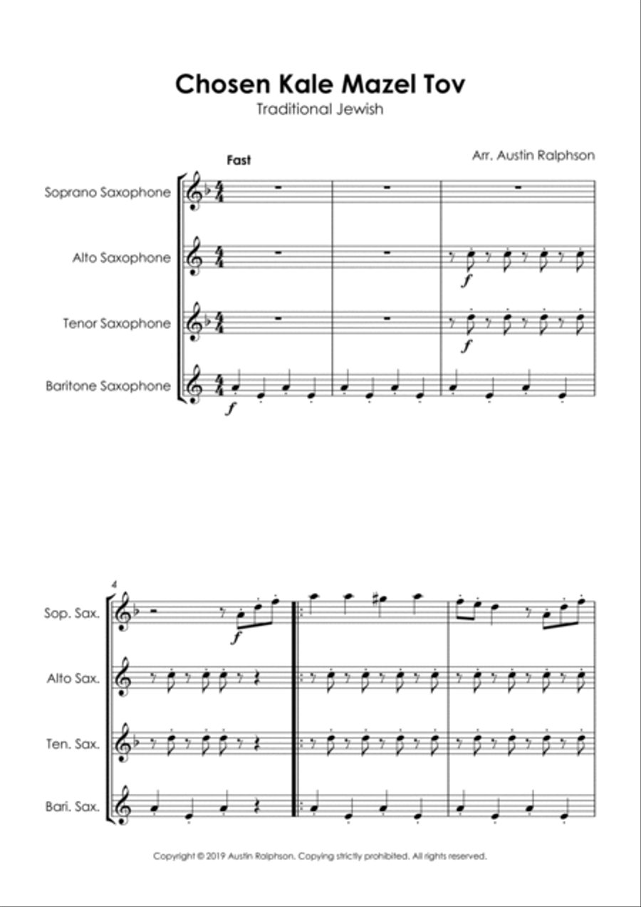 Chosen Kale Mazel Tov חתן וכלה ברכות (Jewish Wedding) - sax quartet Saxophone Quartet scores gallery preview page 4