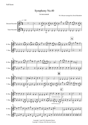 Book cover for Symphony No.40 (1st movement) for Descant and Tenor Recorder Duet