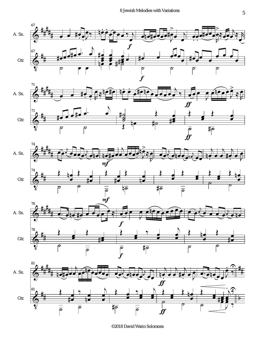 8 Jewish Melodies with Variations for alto saxophone and guitar Alto Saxophone scores gallery preview page 5