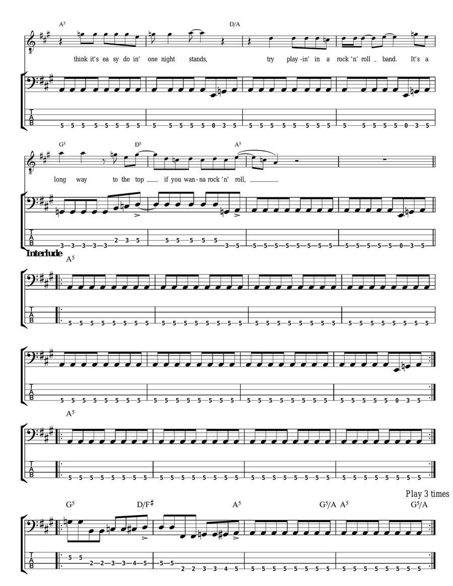 It's A Long Way To The Top (If You Wanna Rock 'N' Roll) Bass Guitar Tablature scores gallery preview page 3