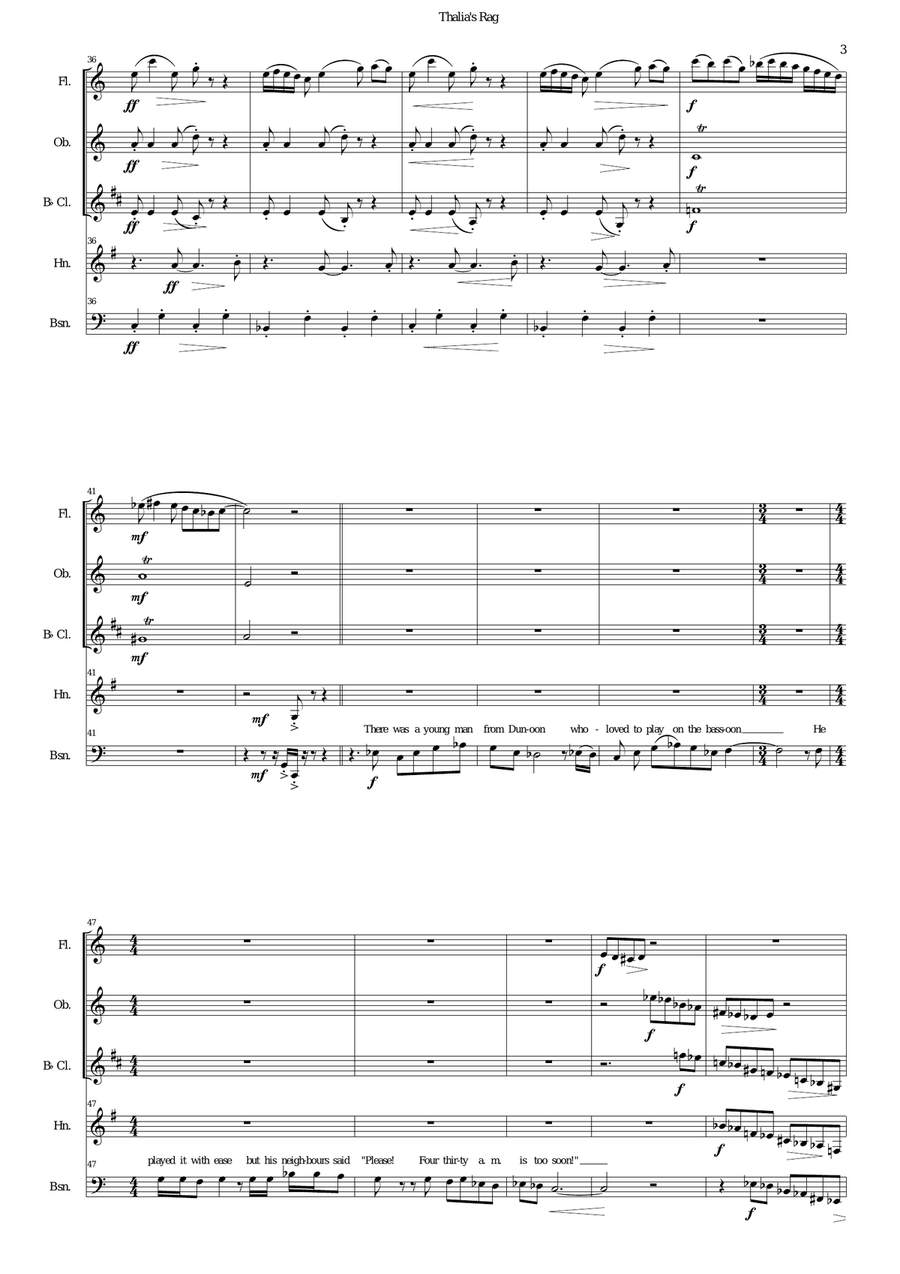 Thalia's Rag (with limericks) for wind quintet and speaker Woodwind Quintet scores gallery preview page 3