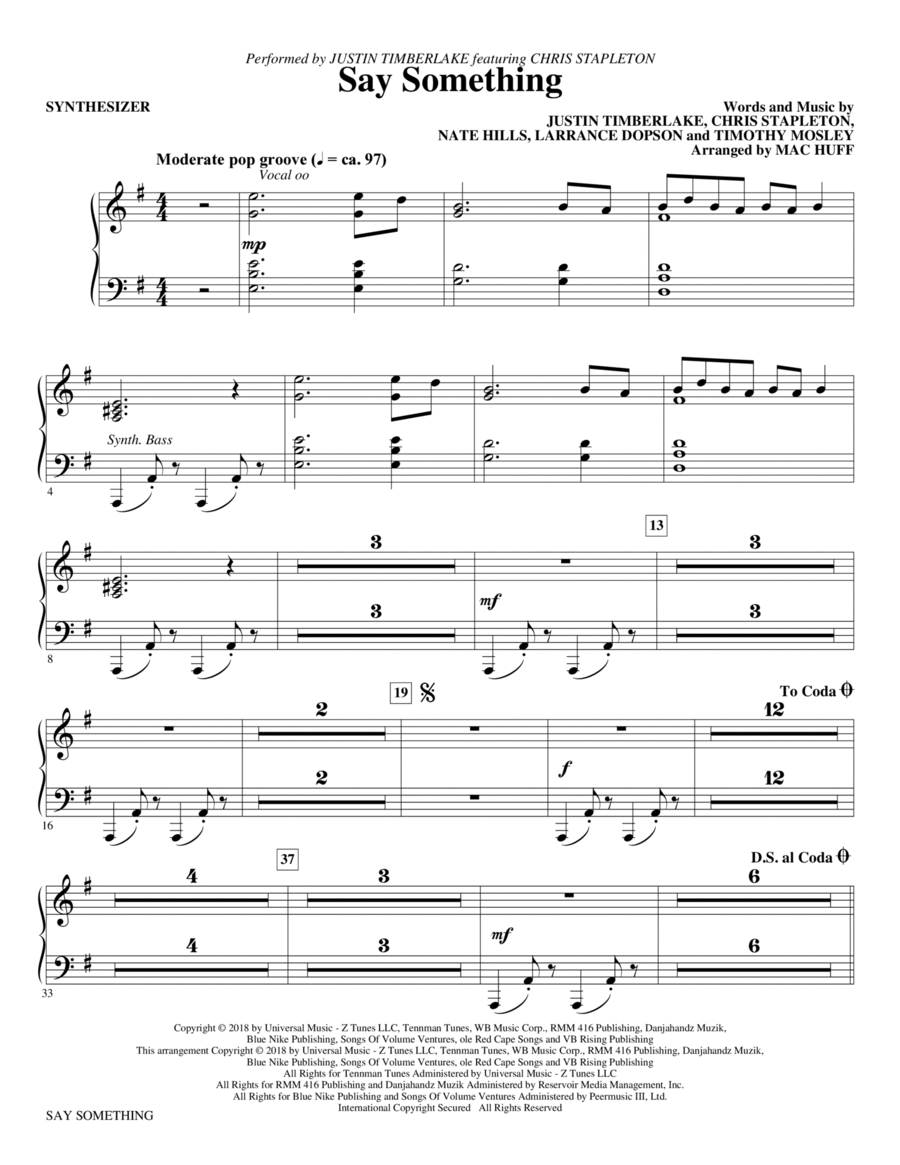 Say Something (feat. Chris Stapleton) (arr. Mac Huff) - Synthesizer Choir scores gallery preview page 1