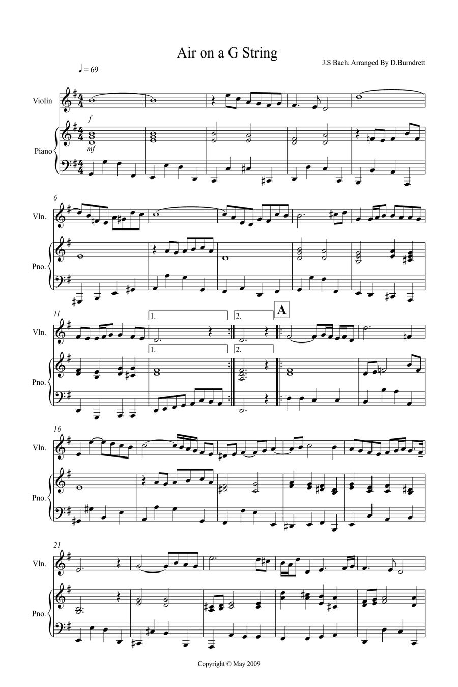 Air On A G String for Violin and Piano Violin scores gallery preview page 1
