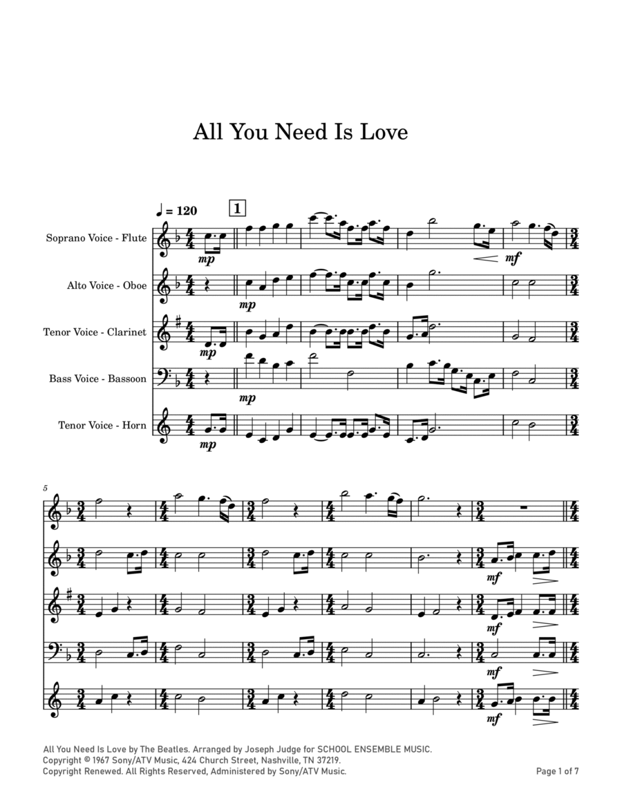 All You Need Is Love Woodwind Quartet scores gallery preview page 1