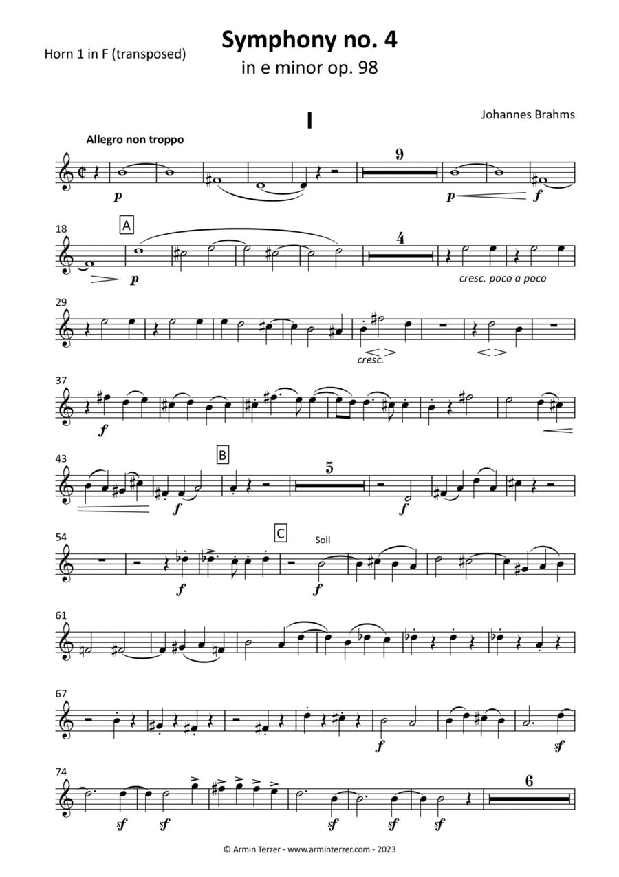Symphony no. 4 - transposed horn parts (1-4) Horn Solo scores gallery preview page 1