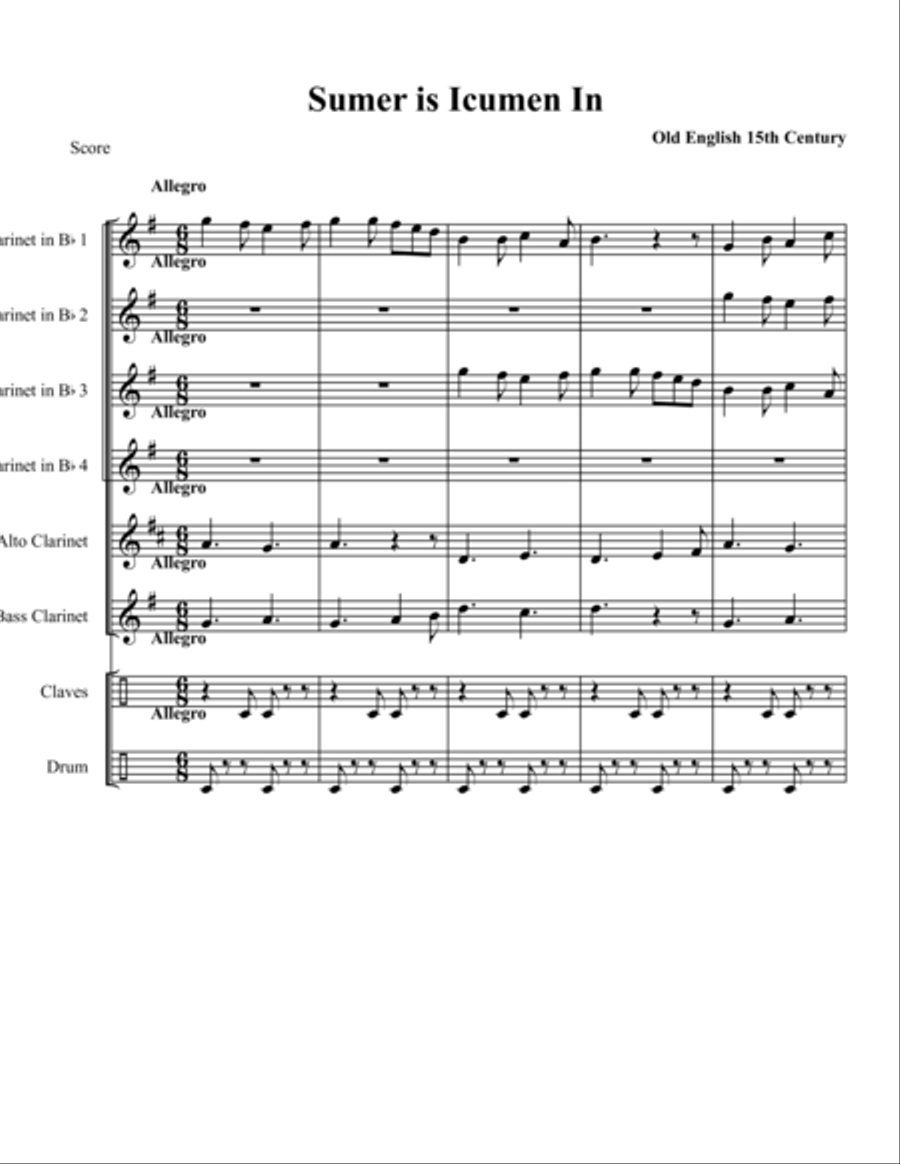 Sumer is Icumen In for Clarinet Choir Clarinet Choir scores gallery preview page 1