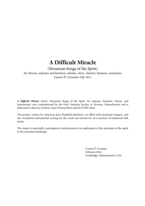 Book cover for Carson Cooman - A Difficult Miracle (Mountain Songs of the Spirit) for chorus, soprano and baritone